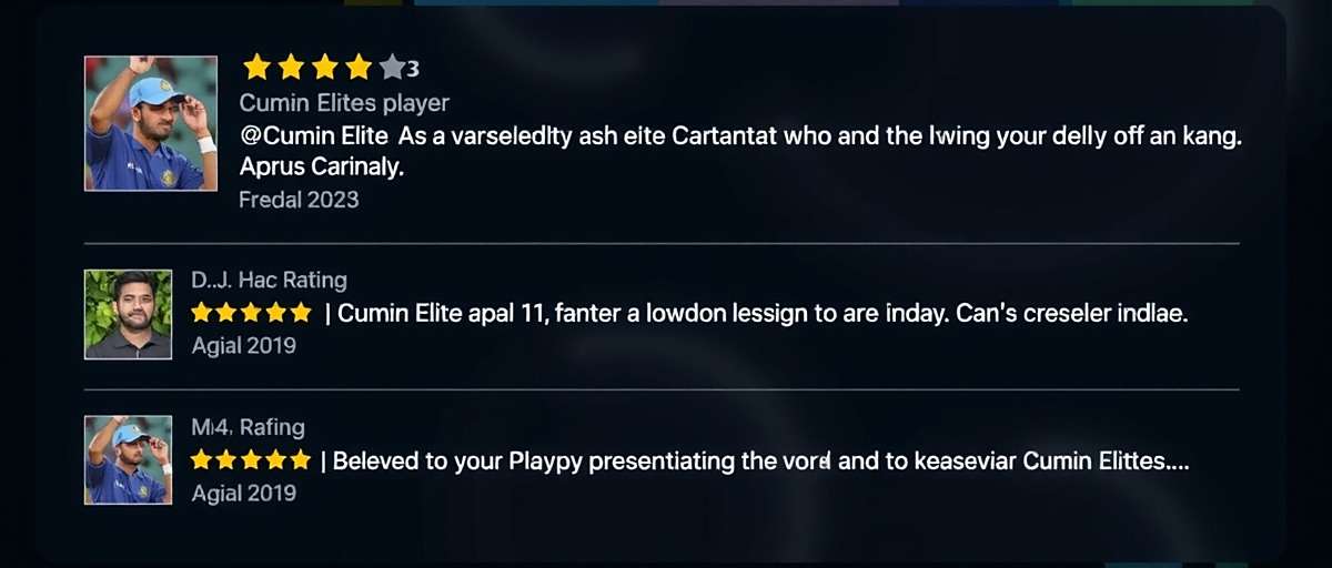 Cumin Elite Player Reviews Cumin Elite player reviews showing high ratings and positive comments in various Indian languages