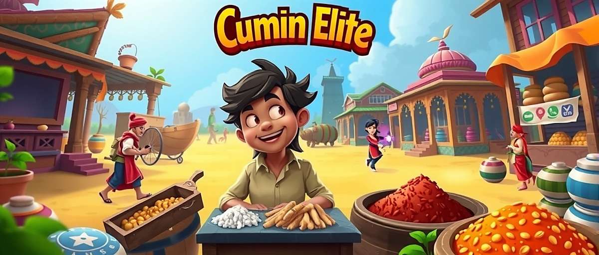 Cumin Elite Gameplay Screenshot Cumin Elite gameplay showing spice collection and character battles in a colorful Indian marketplace setting